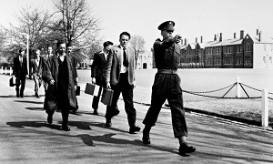 National Service recruits being led to the Guards depot in Surrey, 1953.